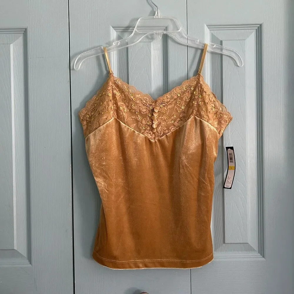 Maurice Sasson Y2K Gold Velvet Lace Tank Top Medium Fairycore Whimsigoth V-Neck - Picture 1 of 9